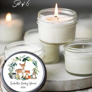 Set of six eco-friendly soy candle favors with rustic twine and woodland animal designs