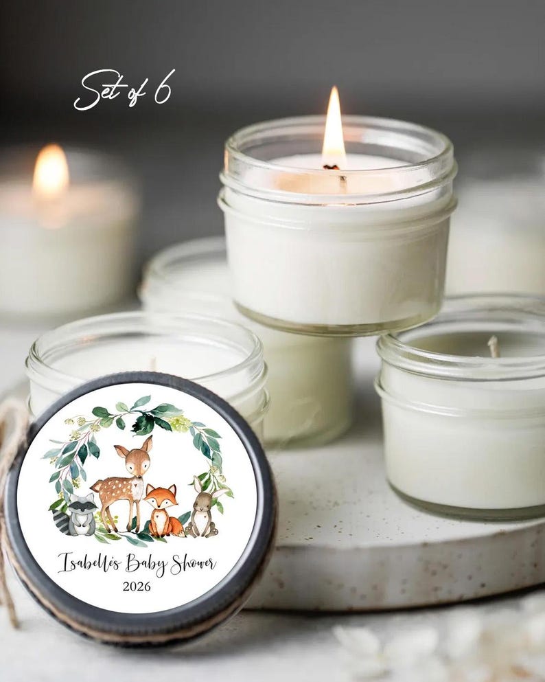 Set of six eco-friendly soy candle favors with rustic twine and woodland animal designs