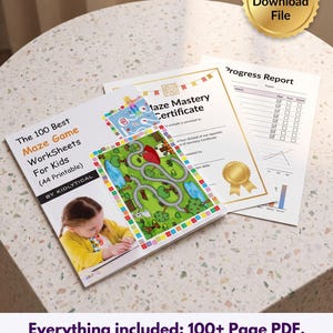 Peut inclure: Un ensemble de feuilles d'exercices de labyrinthes imprimables pour enfants, incluant un certificat de maîtrise et un rapport de progression. La couverture porte le texte The 100 Best Maze Game Worksheets For Kids (A4 Printable) BY KIDLYTICAL.