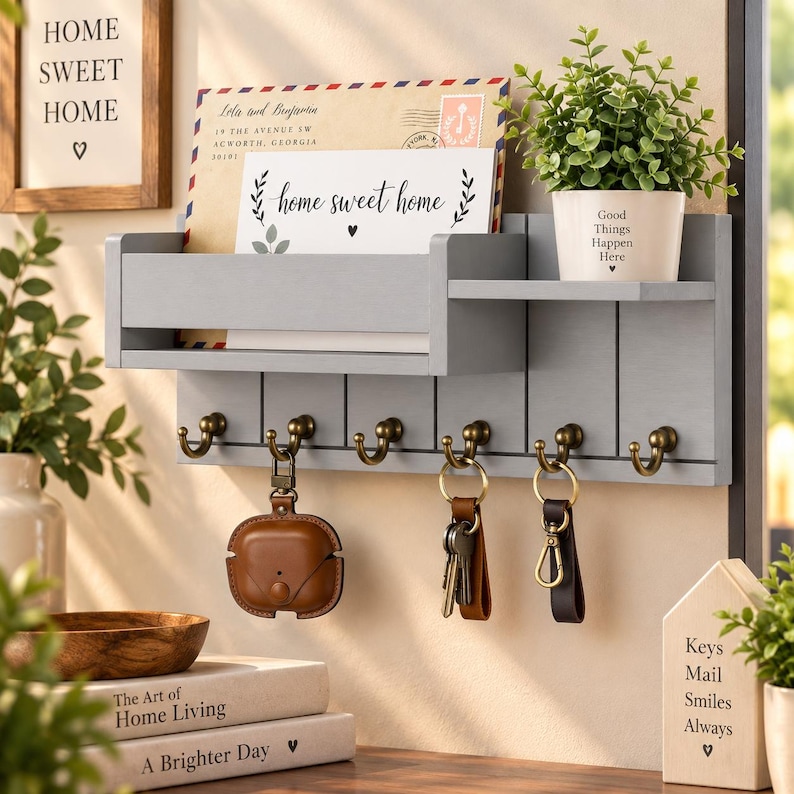 Wooden Key Holder With Shelf and Mail Storage for Entryway - Etsy Australia