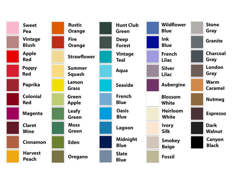 Puede incluir: Una carta de colores que presenta una variedad de tonos con sus nombres correspondientes. Los colores incluyen tonos de rosa, naranja, rojo, amarillo, verde, azul, gris, marr&oacute;n y negro. Cada color se muestra en un peque&ntilde;o cuadrado con su nombre.