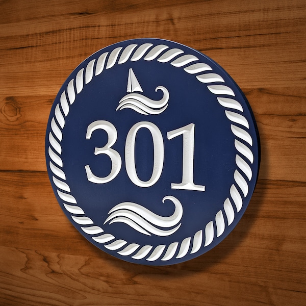 SIGN5 10" x 10" x 3/4" Engraved Nautical House Number Sign, Custom Carved Wood Sign, House Warming - Wedding - Anniversary Gift