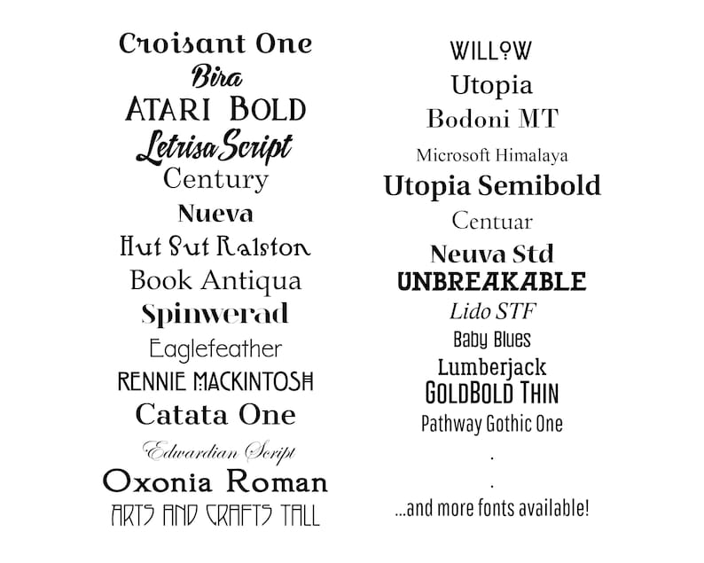 Puede incluir: Un fondo blanco muestra una lista de varios estilos de fuente en texto negro. Los nombres de las fuentes incluyen "Croisant One", "ATARI BOLD", "Century", "Utopia" y "UNBREAKABLE". El texto "...and more fonts available!" est&aacute; en la parte inferior.