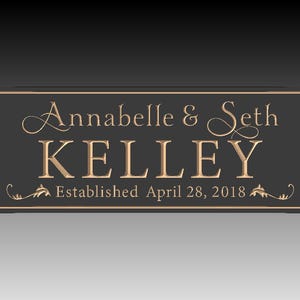 Puede incluir: Placa rectangular con los nombres "Annabelle & Seth Kelley" en escritura elegante y letras de bloque. Tambi&eacute;n se incluye el texto "Established April 28, 2018". La placa tiene un fondo gris oscuro con letras y borde dorados.