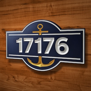 SIGN214 16&quot; x 10&quot; x 3/4&quot; Engraved Anchor Nautical House Number Sign, Custom Carved Wood Sign, House Warming - Wedding - Anniversary Gift