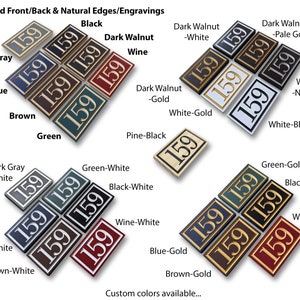 Puede incluir: Una colecci&oacute;n de placas de direcci&oacute;n rectangulares en varios colores, incluyendo gris oscuro, azul, marr&oacute;n, verde, negro y vino. Cada placa muestra el n&uacute;mero "159" en un color contrastante. El texto "Painted Front/Back & Natural Edges/Engravings" est&aacute; en la parte superior.