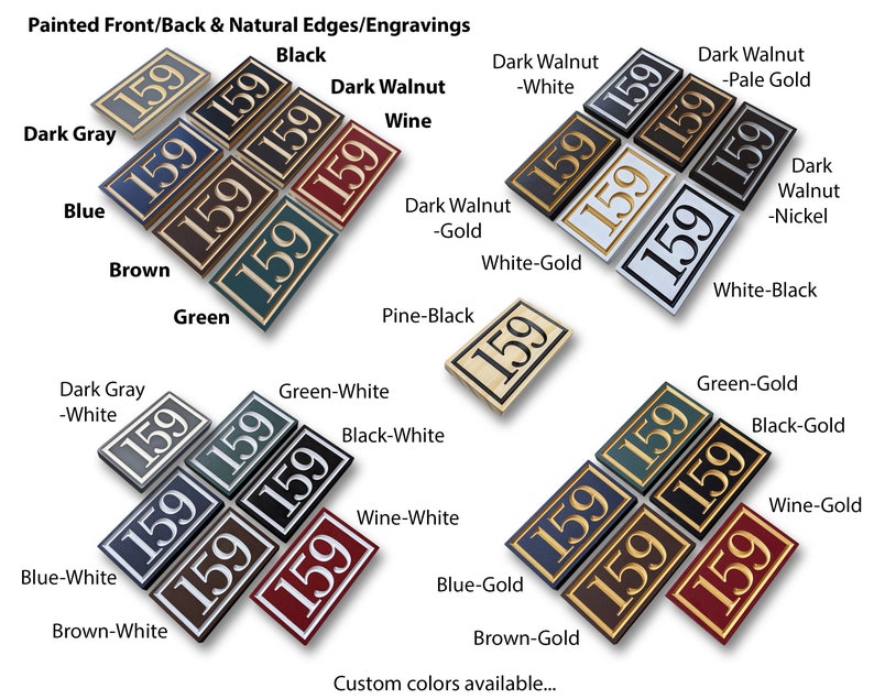 Puede incluir: Una colecci&oacute;n de placas de direcci&oacute;n rectangulares en varios colores, incluyendo gris oscuro, azul, marr&oacute;n, verde, negro y vino. Cada placa muestra el n&uacute;mero "159" en un color contrastante. El texto "Painted Front/Back & Natural Edges/Engravings" est&aacute; en la parte superior.