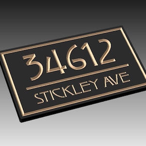 May include: Rectangular black address plaque with gold-colored raised lettering and border. The plaque displays the number "34612" above the text "STICKLEY AVE". The design is simple and elegant, suitable for home or business.