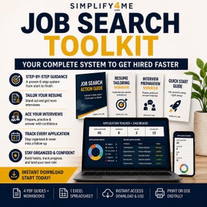 May include: A digital job search toolkit featuring a laptop and smartphone displaying an application tracker dashboard, alongside four printed guides titled Job Search Action Guide, Resume Tailoring Workbook, Interview Preparation, and Quick Start Guide.