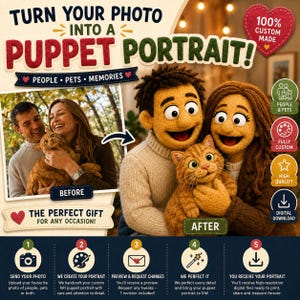 May include: A custom puppet portrait service advertisement featuring a before and after comparison of a couple with a cat. The text reads TURN YOUR PHOTO INTO A PUPPET PORTRAIT, PEOPLE PETS MEMORIES, 100% CUSTOM MADE, and THE PERFECT GIFT FOR ANY OCCASION.
