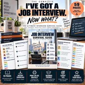 Può includere: Una guida digitale intitolata The Complete Job Interview Survival Guide, contenente 59 pagine di materiali per la preparazione ai colloqui, tra cui il metodo STAR, liste di controllo e un piano di 10 giorni per il successo.