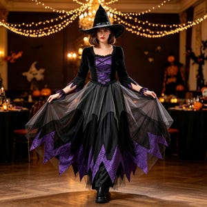 May include: A black and purple witch costume featuring a pointed hat, a long-sleeved bodice with a lace-up front, and a layered skirt with a jagged hemline. The dress incorporates velvet-like fabric, sheer tulle overlays, and a deep violet pattern.