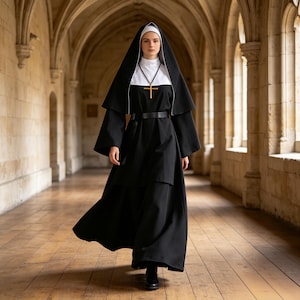 May include: A black habit featuring a long-sleeved tunic, a white collar, and a black veil with a white trim. A black belt is worn around the waist, and a gold-toned cross pendant hangs from a black cord around the neck of the garment.