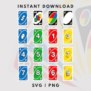 May include: A digital collection of sixteen playing cards featuring various colors and numbers, including action cards like reverse, draw two, and wild cards. The text INSTANT DOWNLOAD and SVG | PNG is displayed at the top and bottom.