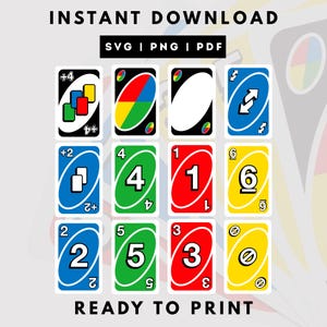 Color Card Game SVG & PNG Bundle | Playing Cards | Numbers, Reverse, Skip, Draw Two and Wild Cards | Printable Color Card Game