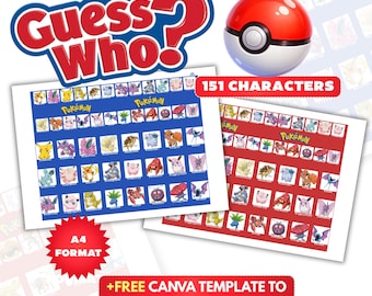 May include: A Guess Who? game set featuring a red and white Poké Ball, two game boards with blue and red backgrounds displaying 151 Pokémon characters, and text labels including A4 FORMAT and FREE CANVA TEMPLATE TO CREATE YOUR OWN.