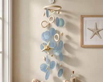 Handmade Seashell Wind Chime | Starfish Beach Decor | Coastal Hanging Mobile in Ocean Blue Tones
