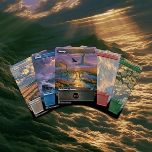 May include: A set of five Magic: The Gathering trading cards featuring full-art landscapes representing Plains, Island, Swamp, Mountain, and Forest. Each card displays a unique, vibrant scene with a colored header and footer bar indicating the land type.