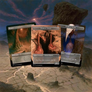 May include: Three rectangular trading cards featuring fantasy artwork. The left card is labeled Wastes, the center card is Eldrazi Spawn, and the right card is Eldrazi Scion. Each card displays dark, surreal landscapes with alien creatures and text.