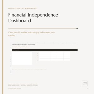 Peut inclure: Un modèle de feuille de calcul numérique pour tableau de bord d'indépendance financière avec le texte FIRE CALCULATOR + NET WORTH TRACKER, Financial Independence Dashboard, et Know your FI number, track the gap and estimate your timeline.