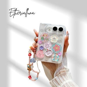 3D Cute Butterfly Bow Floral Button Phone Case with Bear Chain for iPhone Duo 18 Fold Ultra Button Protective Kawaii Case