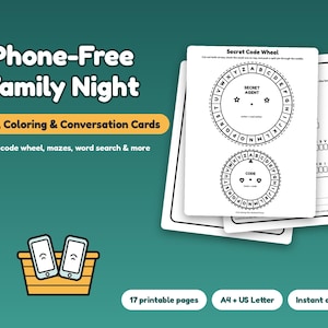 Puede incluir: Un conjunto de páginas de actividades imprimibles tituladas Phone-Free Family Night, que incluyen una rueda de código secreto, laberintos y sopas de letras. Las páginas son blancas con texto y gráficos en color negro.