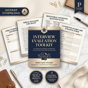 May include: An interview evaluation toolkit document set featuring a dark blue and gold cover with the text Interview Evaluation Toolkit, A Complete Guide & Template Collection For Hiring Success, and Pixelnest Studio, surrounded by matching forms.