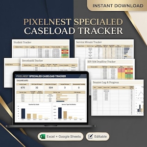 Könnte beinhalten: Ein digitaler Pixelnest Specialed Caseload Tracker auf einem Laptop-Bildschirm und mehreren ausgedruckten Blättern. Das Dashboard enthält Tabellen, Balkendiagramme und Datenfelder zur Schülerverfolgung, Dienstminuten und IEP/504-Fristen.