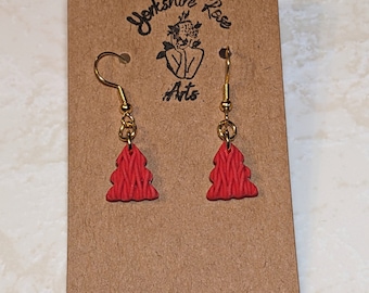 Red Knit-Look Chistmas Tree Drop Earrings