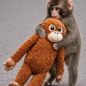 May include: A small, grey-furred macaque monkey standing upright and embracing a plush, orange-brown stuffed orangutan toy. The toy features large, round black eyes, a light-colored face, and a textured, shaggy fabric body with soft limbs.