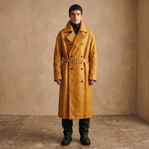 Men’s  Leather Overcoat Full Length Vintage Trench Coat Double Breasted Statement Winter Fashion