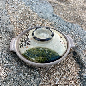 Vintage Japanese Donabe Ceramic Hot Pot, Small Soup Casserole with Turtle & Pine Motif