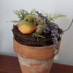 May include: A small brown terracotta pot with a bird's nest inside. The nest is made of twigs and contains a small green and yellow bird, along with several speckled eggs. Purple flowers are spilling out of the nest.