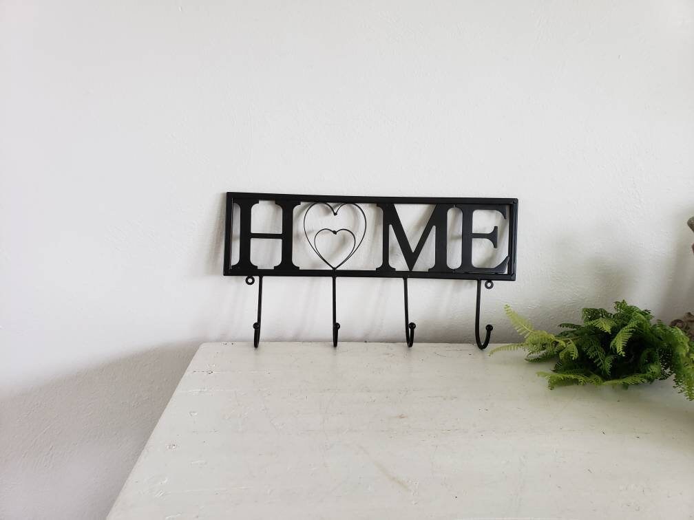 Long Black Metal HOME Sign with 4 Hooks Wall Decor Etsy