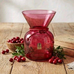 May include: A translucent cranberry red glass vase with a wide, flared rim and a narrow neck wrapped in a matching red rope cord. A small rectangular label with a graphic icon is affixed to the front of the rounded body of the glass vessel.