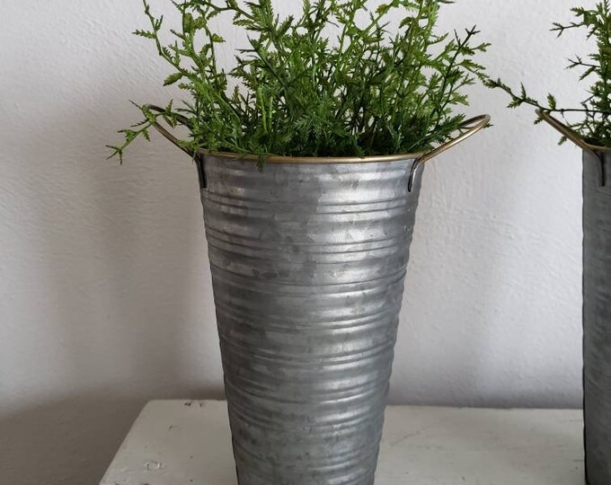 Tall Galvanized Metal Vase, Gold Rim, Planter With Handles, Faux Plant