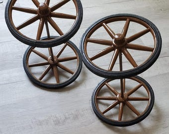 Set of 4 Antique Wood Wagon Wheels, 10 Inch with Rubber Tires, Axles