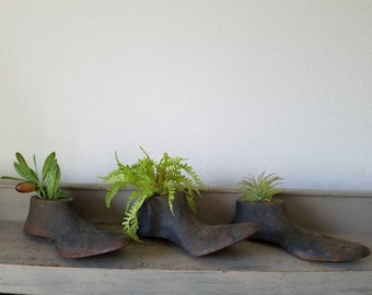 3 Antique cobbler Shoe Mold with Faux Plants Shelf Display Paperweight Door Stop Farmhouse Industrial