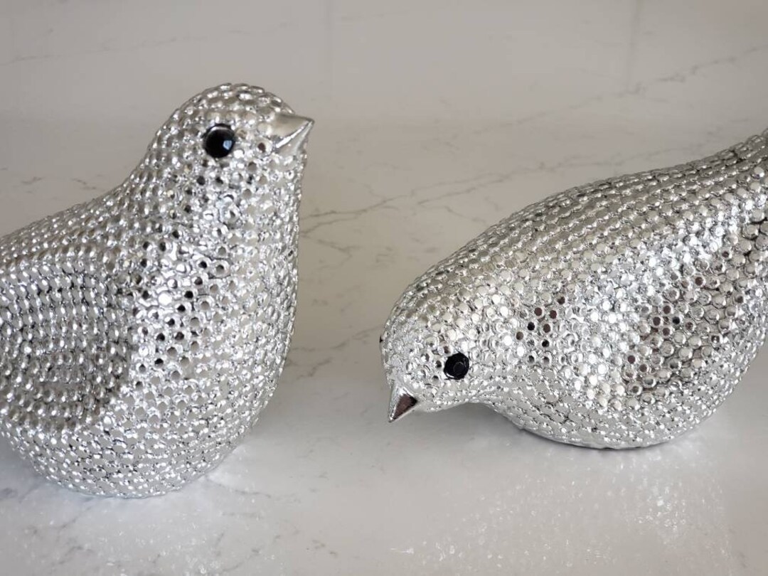 TWO Silver Bird Figurine Beaded Bird Silver Etsy