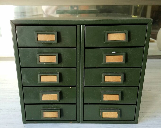 Vintage Metal Box 10 Drawer Small Parts Bin Green Tool Box