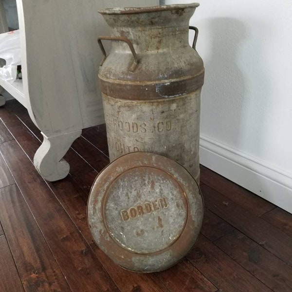 Vintage Milk Can, Beatrice Foods Co. Lima, Oh Milk Can & Borden Dairy Lid, Metal Milk Can, removable lid, 20 Quart