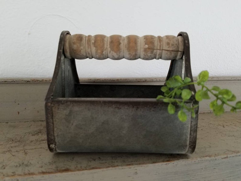 Rustic Succulent Metal Basket with Wood Handle farmhouse