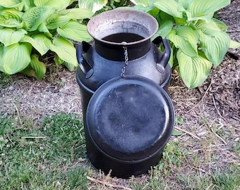 Black Milk Can, Porch,  Planter, full size, Removable Lid on chain