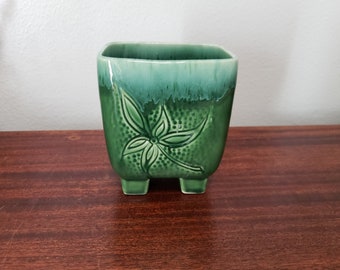 Vintage Blue Green Pottery Planter, Floral Design Flower Pot