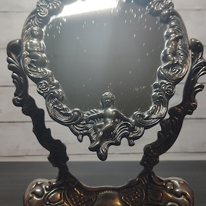 Vintage Silver Plated Cherub Vanity Mirror | Ornate Baroque Rococo Tabletop Swing Mirror with Shell Crest | Romantic Boudoir Decor