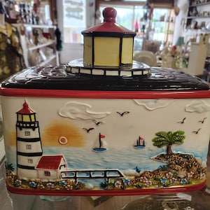Vintage Lighthouse Ceramic Bread Box, Coastal Kitchen Decor Cookie Jar, Nautical Beach House Canister, Hand Painted 3D Seaside Scene Storage
