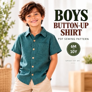 May include: A short-sleeved teal button-up shirt with a chest pocket and light brown buttons. The text reads: BOYS BUTTON-UP SHIRT PDF SEWING PATTERN 6M-10Y GHOST BY OK. The shirt is worn with beige shorts. The design is for a sewing pattern.
