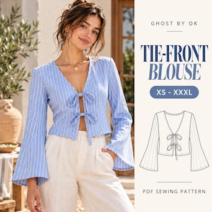 Tie Front Blouse Sewing Pattern PDF, Bow Front Crop Top, V Neck Long Sleeve Top Pattern, Women XS-XXXL, A4 A0