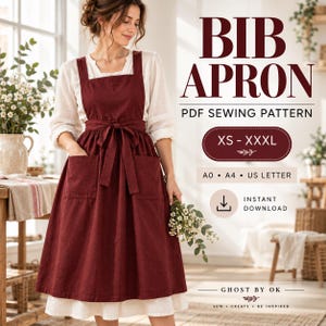 Bib Apron Sewing Pattern Pdf, Women’s Tie Waist Apron with Pockets, Kitchen Apron Pattern, Beginner Sewing, XS–XXXL, A0 A4 US Letter