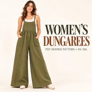 Patrón de costura en PDF para peto de mujer, peto de mujer, mono de pierna ancha de corte holgado, mono enterizo, tallas XS–3XL